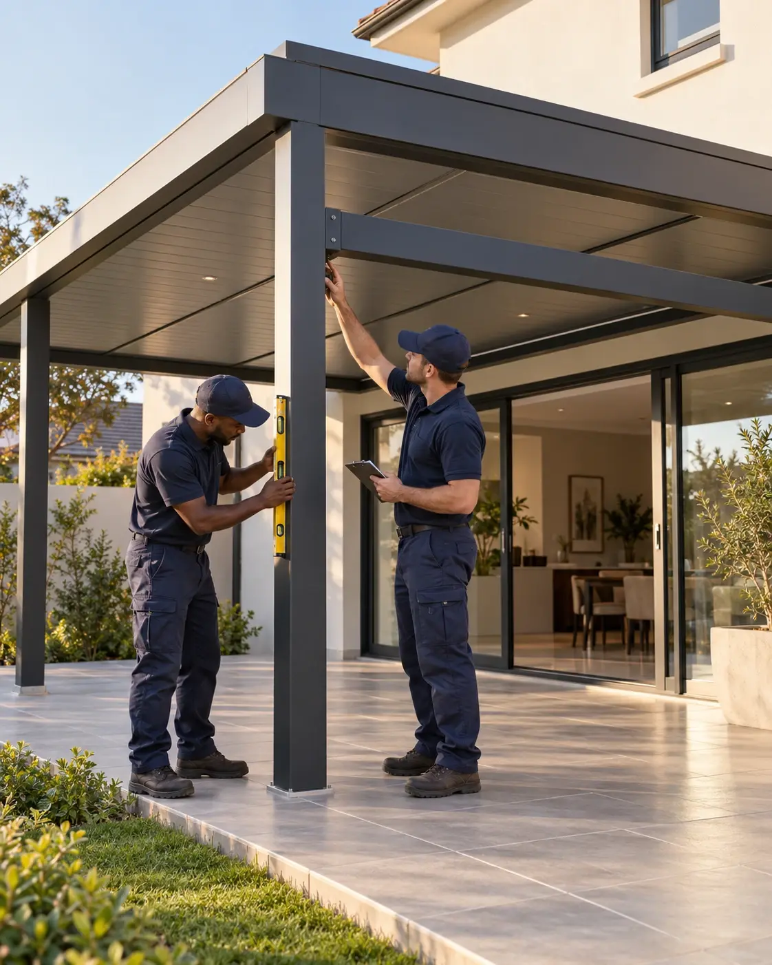 Two CK Awnings installers levelling the column of an aluminium patio structure