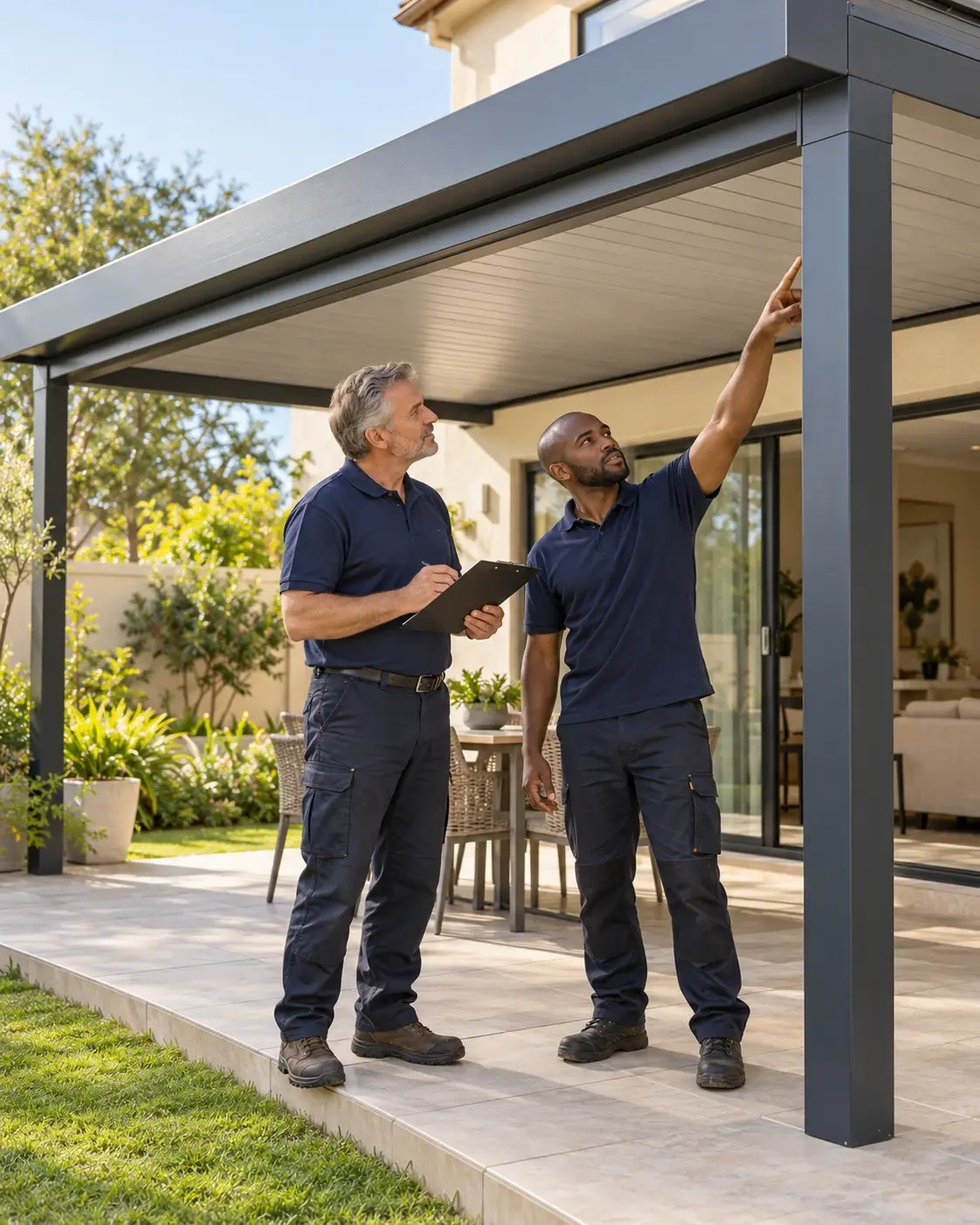 A CK Awnings supervisor with a clipboard checking a finished aluminium patio structure with an installer