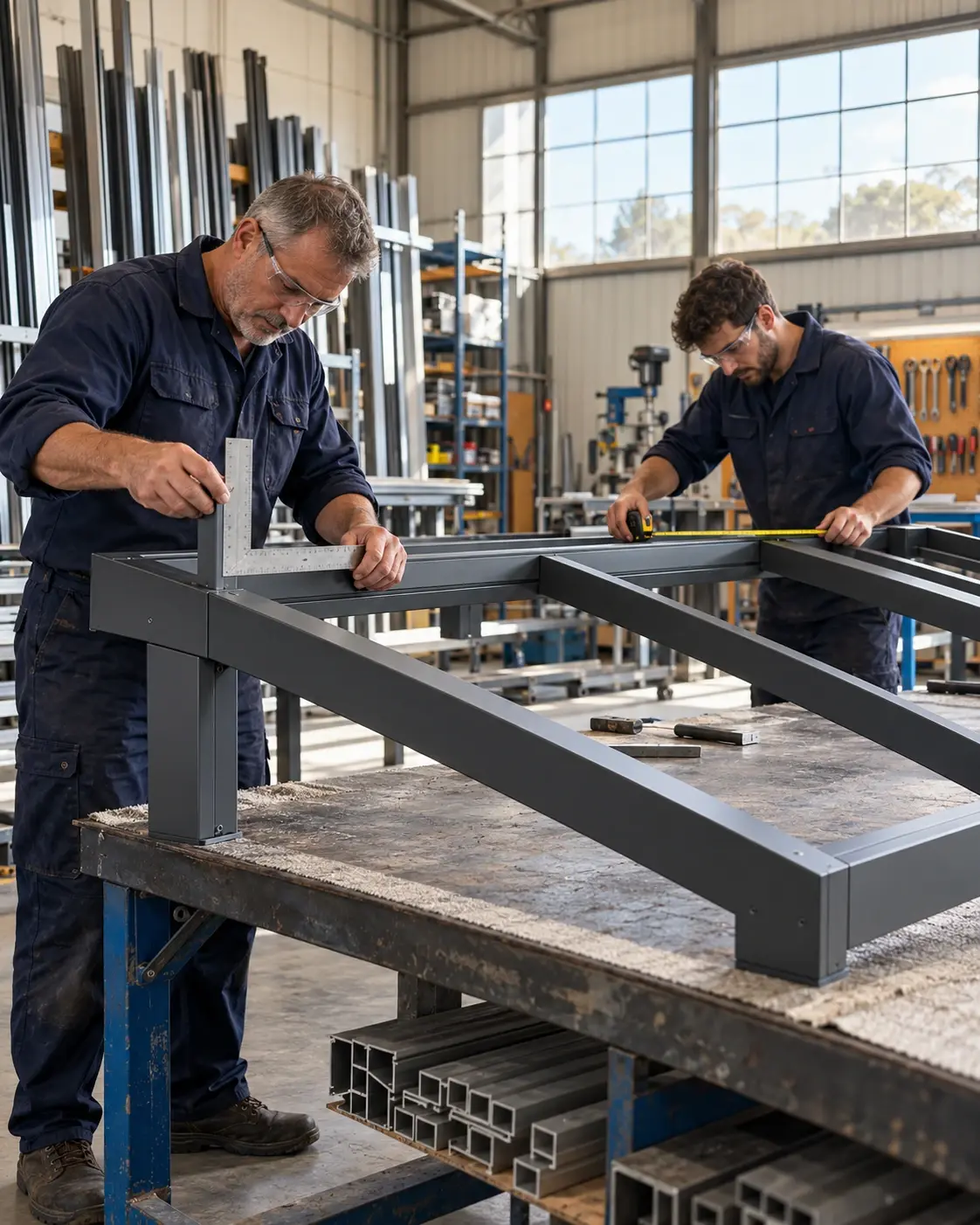 Two CK Awnings fabricators squaring and measuring an aluminium frame in the workshop